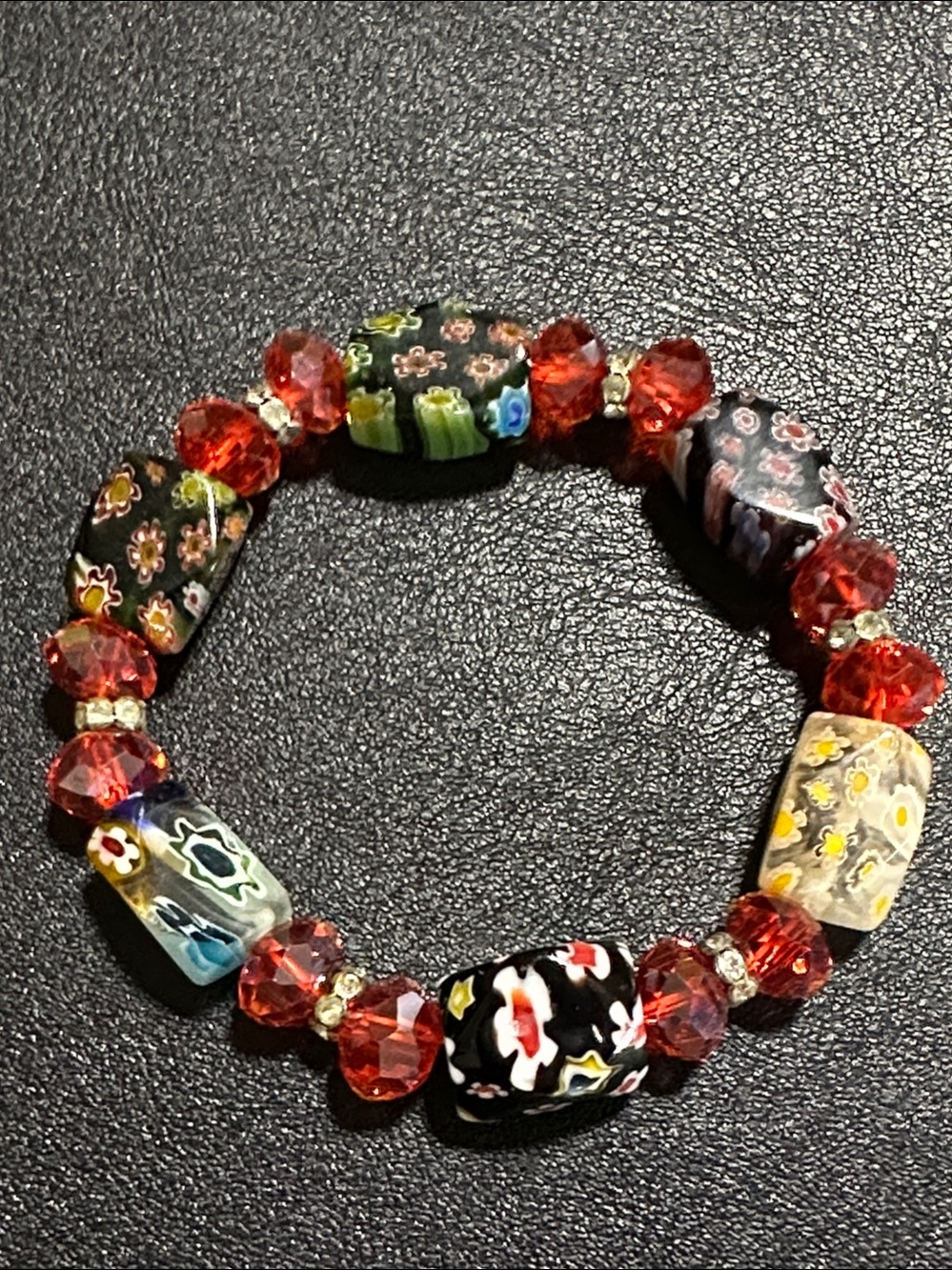 Millefiori Art Glass & Red Faceted Crystal Beads Stretch Bracelet